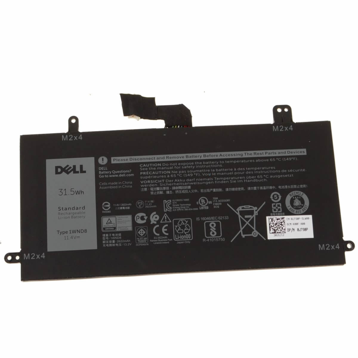 Batterie originale Dell 1WND8 11.4V 2622mAh, 31.5Wh pour ordinateur portable Dell Latitude 5285, Latitude 12 5285 séries